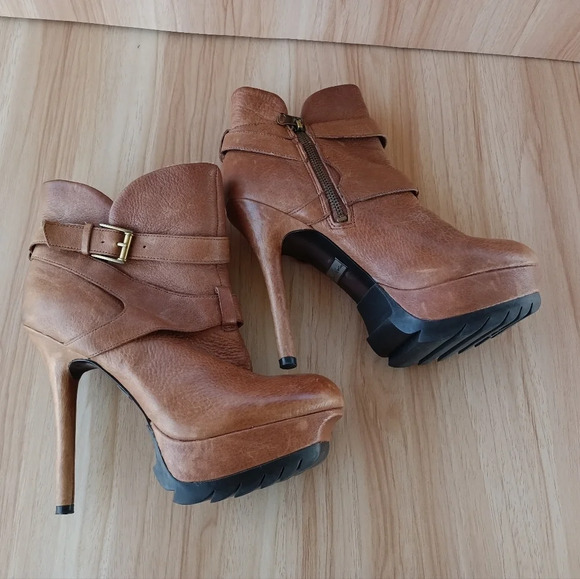 Sam Edelman Valentina 7.5 shearling ankle boots heels platform buckle brown - Picture 1 of 11